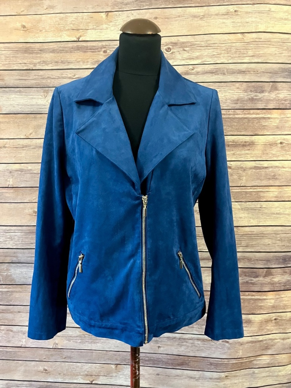 Chico's Faux Suede Moto Zip Jacket Duchess Blue 570268304 Size 1 (US 8/10)